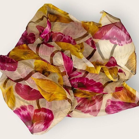 Womens Scarf Sheer Chiffon Rectangle Magenta Gold Floral Print Wrap Classic Boho - Picture 4 of 9
